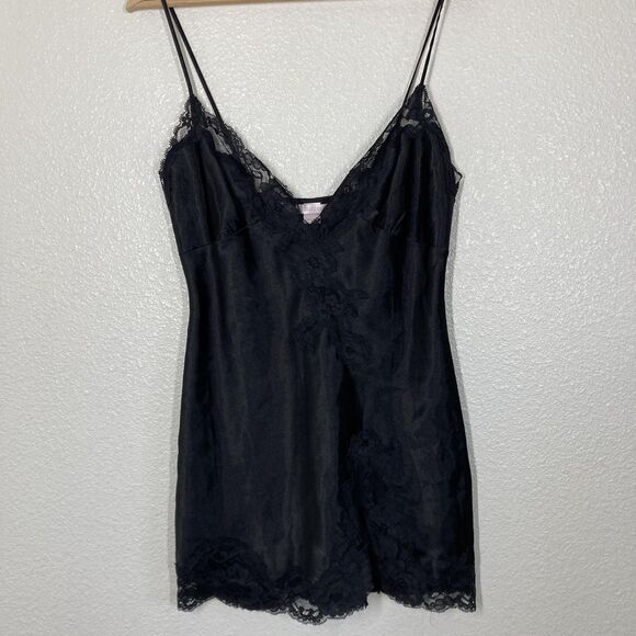 Victoria's Secret Tops - Victoria's Secret Chemise Nightgown Y2K Small Black Satin Lace Sleep Slip